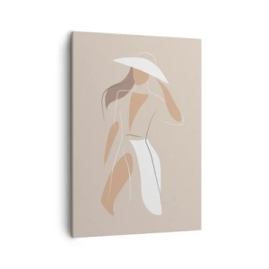Quadro su tela - Stampe su Tela - Un disegno minimalista di una donna con un cappello su uno sfondo beige. - 50x70cm - La moda è un gioco - Decorazione murale moderna per soggiorno e camera da letto ARTTOR