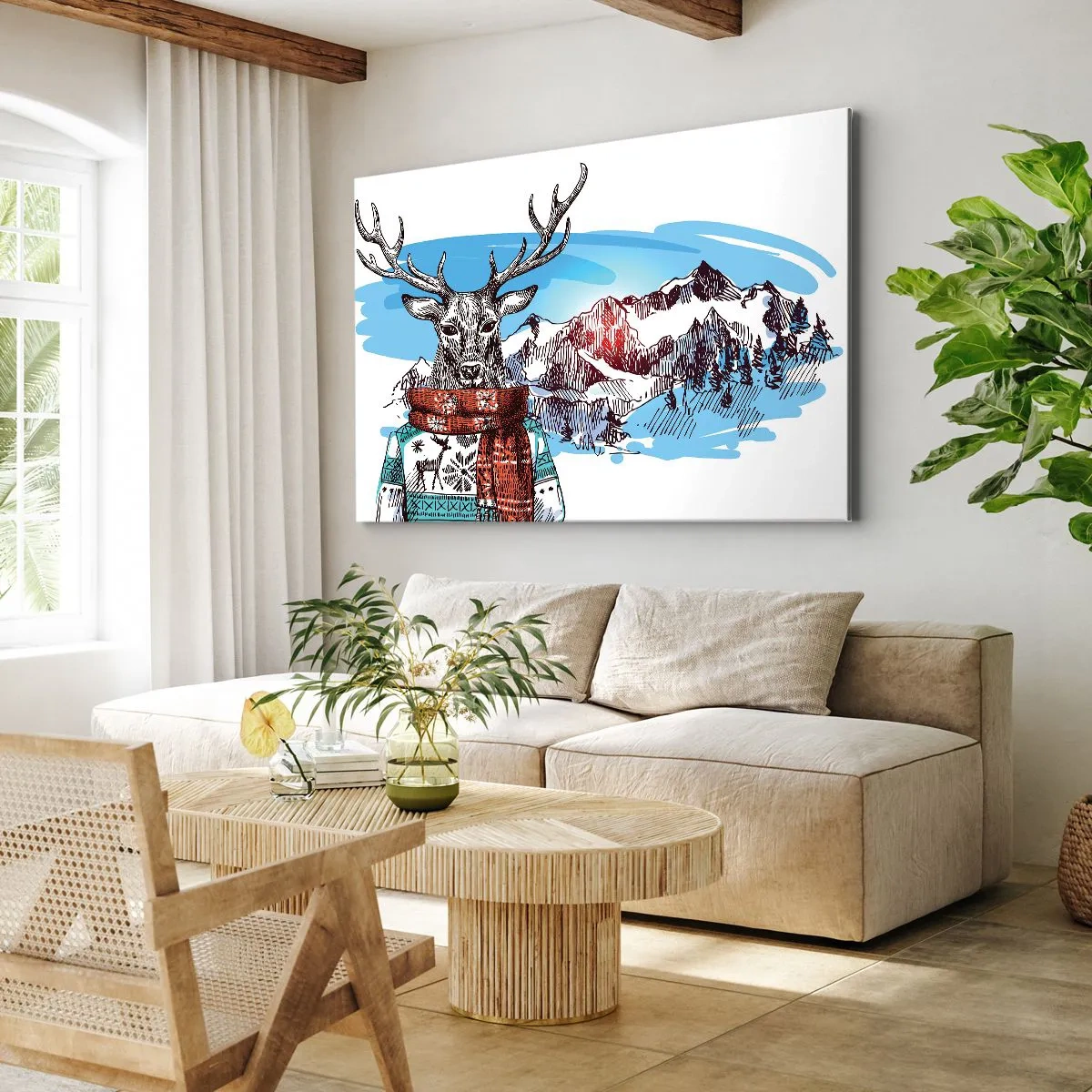 Quadro su tela - Stampe su Tela - Un cervo con un maglione invernale sullo sfondo di un paesaggio montano - 100x70cm - Anche il cervo non ha freddo - Decorazione murale moderna per soggiorno e camera da letto ARTTOR