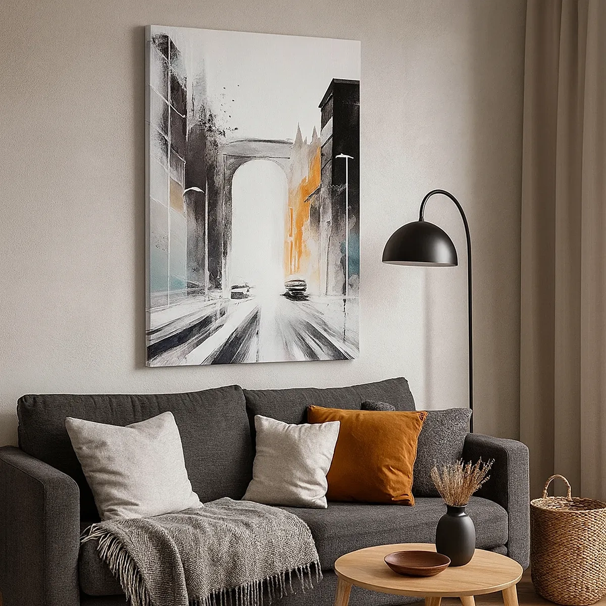 Quadro su tela - Stampe su Tela - Panorama astratto della città con un ponte ad arco - 50x70cm - Studio di città: architettura e movimento - Decorazione murale moderna per soggiorno e camera da letto ARTTOR