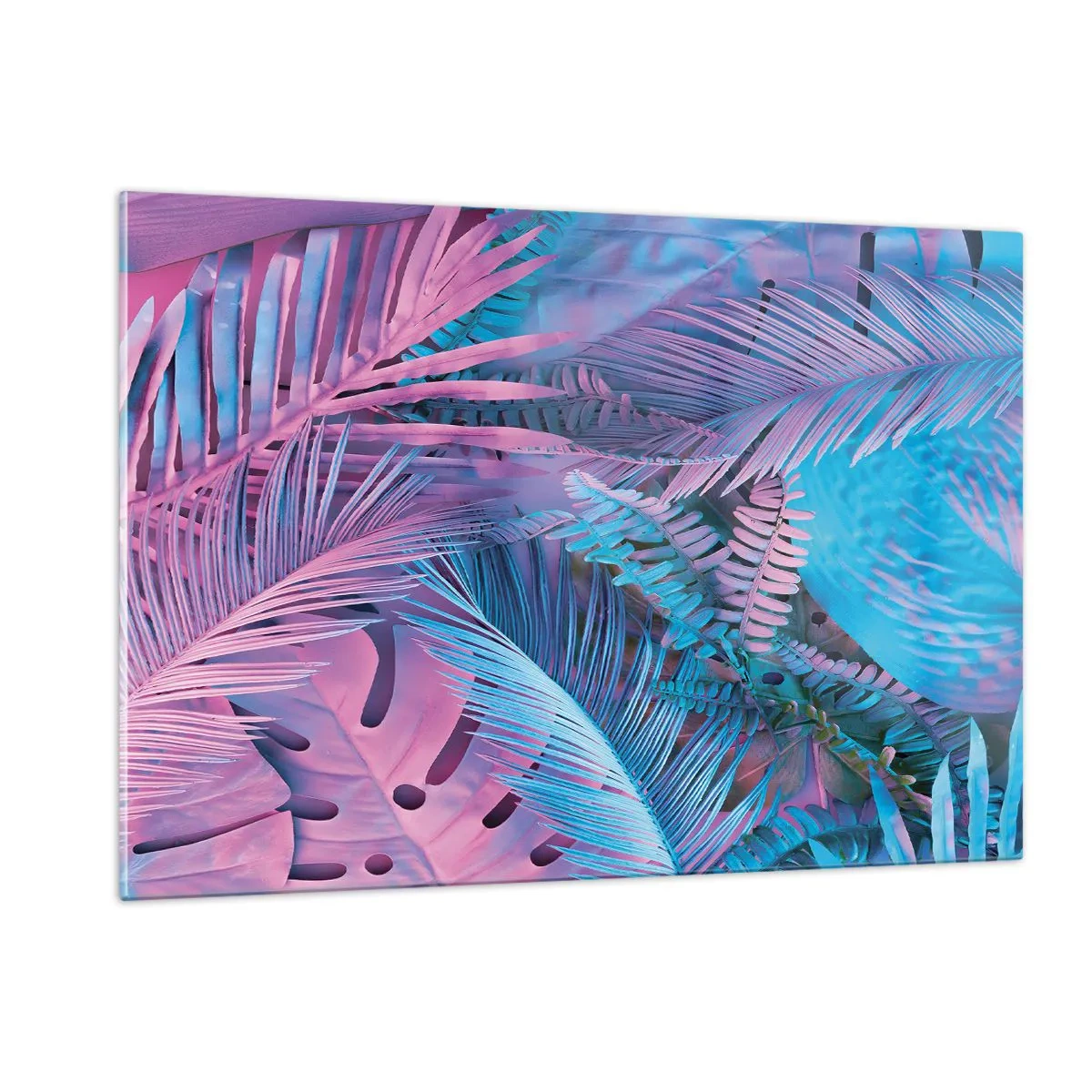 Quadro su vetro - Foglie tropicali nei toni del rosa e del blu su uno sfondo neon - 120x80cm - Tropici in rosa e blu - Decorazione murale moderna per soggiorno e camera da letto ARTTOR
