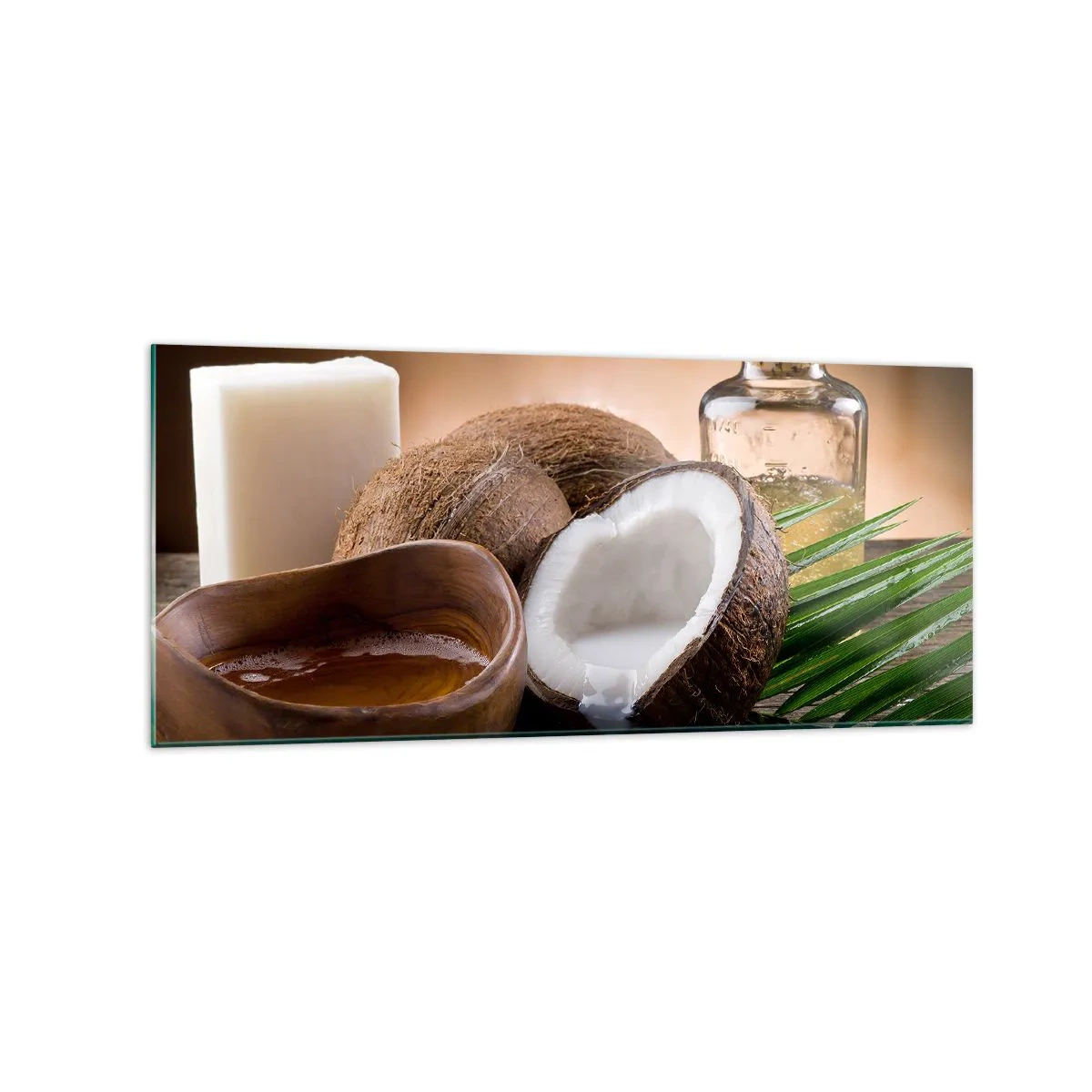 Quadro su vetro - Noci di cocco, candela e olio su uno sfondo di legno - 120x50cm - Salute dalle isole tropicali - Decorazione murale moderna per soggiorno e camera da letto ARTTOR