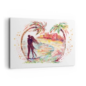 Quadro su tela - Stampe su Tela - Scena romantica di coppia su una spiaggia con palme in acquerello - 100x70cm - Vacanze romantiche - Decorazione murale moderna per soggiorno e camera da letto ARTTOR