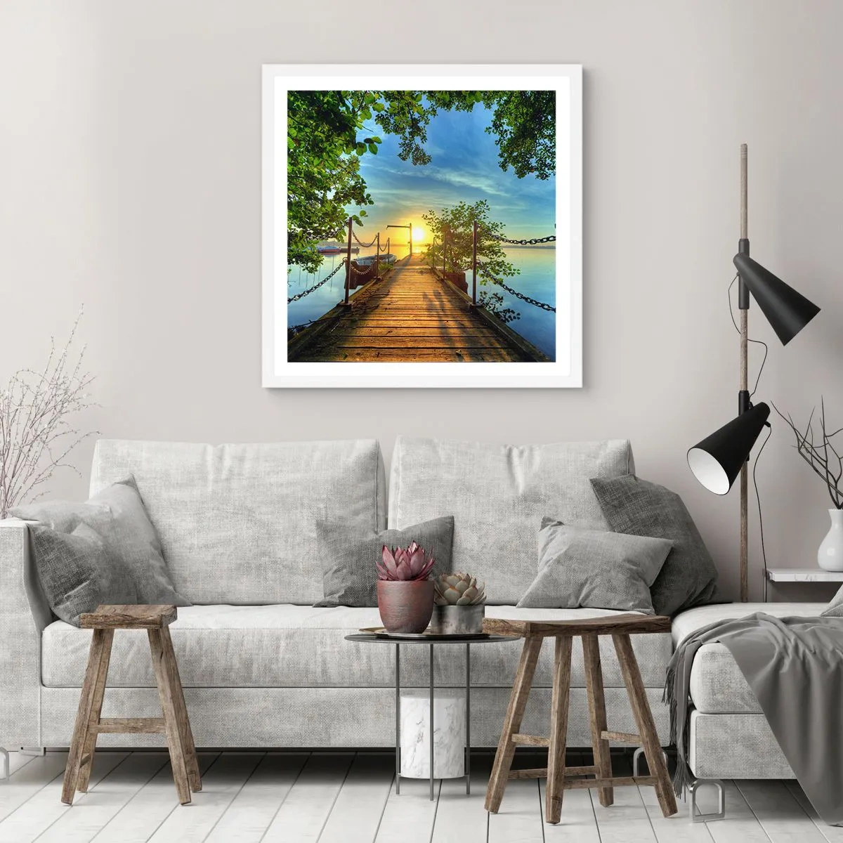 Poster in cornice bianca - Tramonto sul lago - 40x40 cm