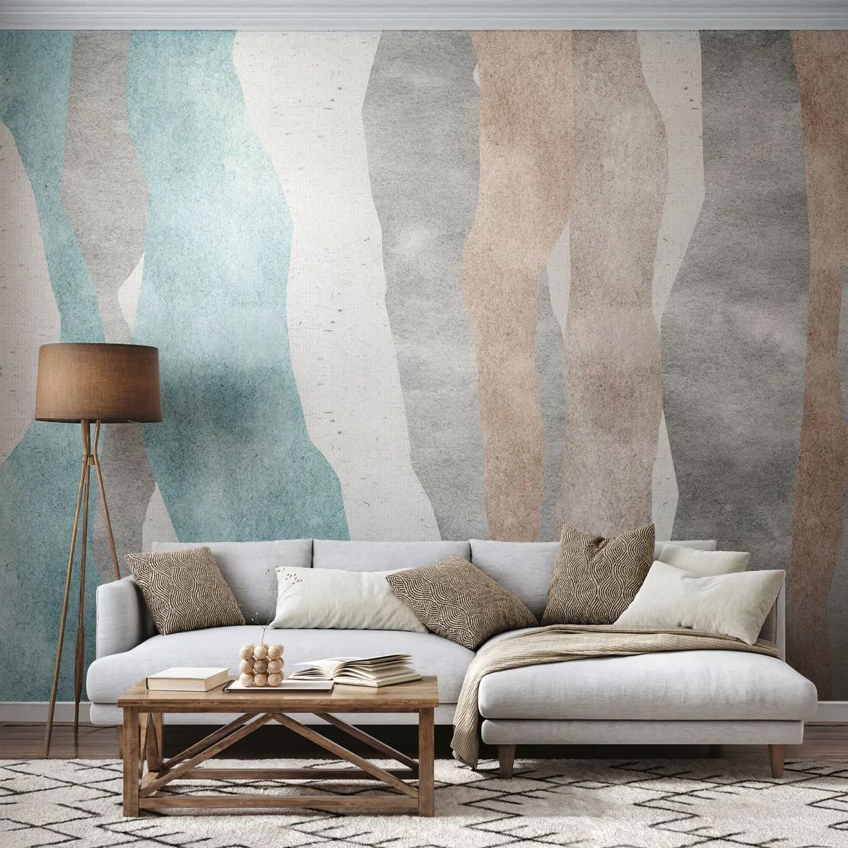 Fotomurali Premium Sand - Strisce ondulate nei colori beige, grigio e blu - 100x70cm - Studio di prossimità - Decorazione murale moderna per soggiorno e camera da letto ARTTOR