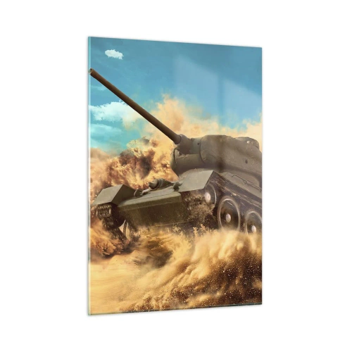 Quadro su vetro - Un carro armato in movimento in un deserto con polvere che vola e un cielo luminoso - 50x70cm - Imbattibile - Decorazione murale moderna per soggiorno e camera da letto ARTTOR