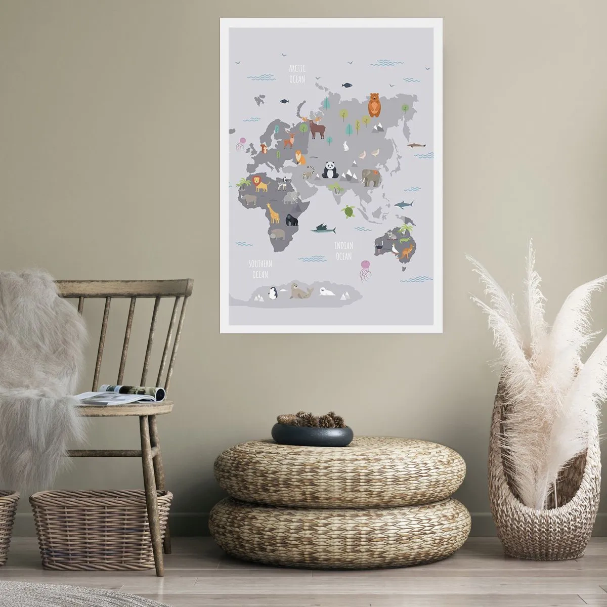 Poster - Mappa del mondo con animali colorati per bambini - 50x70cm - Dimmi di dove sei... - Decorazione murale moderna per soggiorno e camera da letto ARTTOR