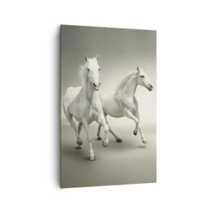 Quadro su tela - Stampe su Tela - Due cavalli bianchi al galoppo su uno sfondo chiaro - 80x120cm - White power! - Decorazione murale moderna per soggiorno e camera da letto ARTTOR