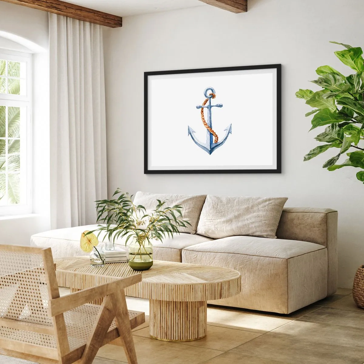 Poster in cornice nera - Ancora con corda in stile acquerello - 100x70cm - Benvenuta avventura! - Decorazione murale moderna per soggiorno e camera da letto ARTTOR