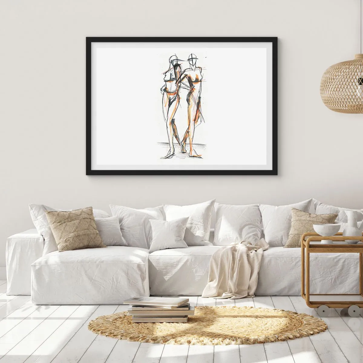 Poster in cornice nera - Schizzo artistico di due sagome su sfondo bianco - 100x70cm - Studio di armonia - Decorazione murale moderna per soggiorno e camera da letto ARTTOR