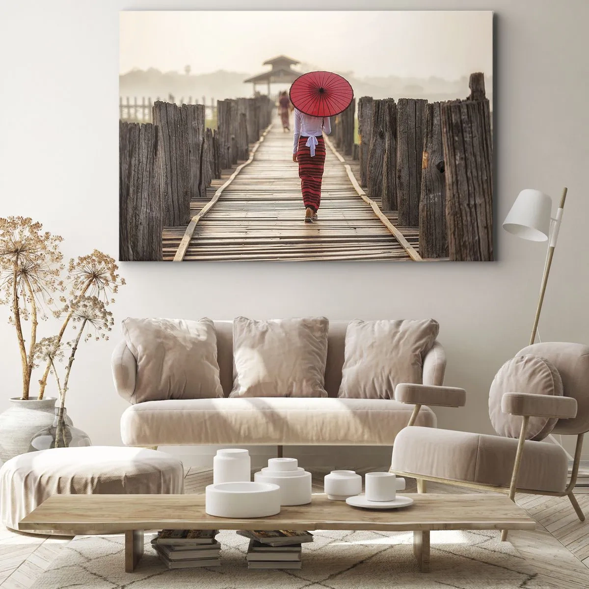 Quadro su tela - Stampe su Tela - Una donna con un ombrello rosso su un ponte di legno - 70x50cm - Sul vecchio ponte - Decorazione murale moderna per soggiorno e camera da letto ARTTOR