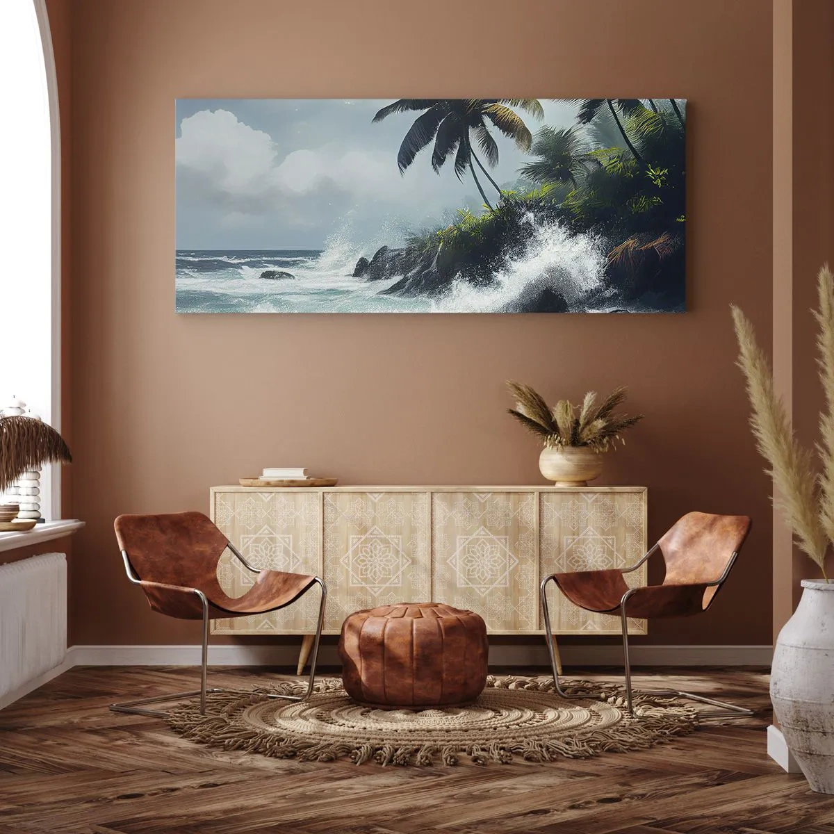 Quadro su tela - Stampe su Tela - Costa tropicale con palme e mare agitato - 140x50cm - Sulla riva tropicale - Decorazione murale moderna per soggiorno e camera da letto ARTTOR