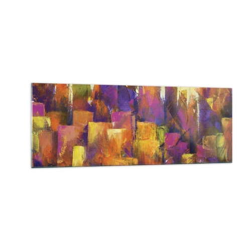 Quadro su vetro - Composizione astratta di una metropoli nei toni del giallo e del viola - 140x50cm - Composizione metropolitana - Decorazione murale moderna per soggiorno e camera da letto ARTTOR