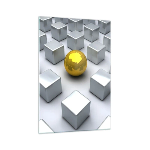 Quadro su vetro - Una sfera dorata che spicca tra i cubi d'argento - 70x100cm - Perché io? Composizione geometrica - Decorazione murale moderna per soggiorno e camera da letto ARTTOR
