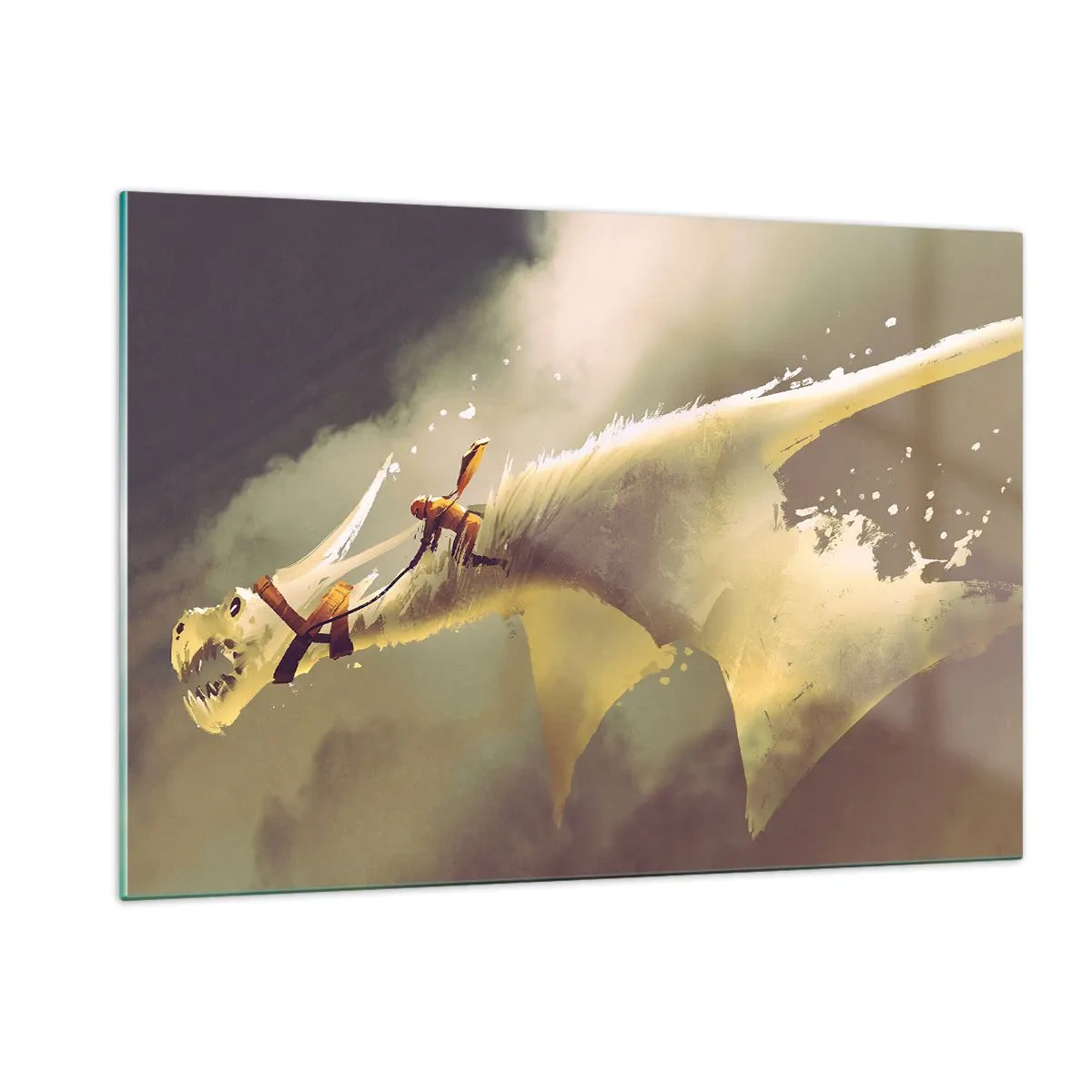 Quadro su vetro - Una figura sul dorso di un drago bianco in un paesaggio nebbioso - 120x80cm - Per salvare il mondo - Decorazione murale moderna per soggiorno e camera da letto ARTTOR