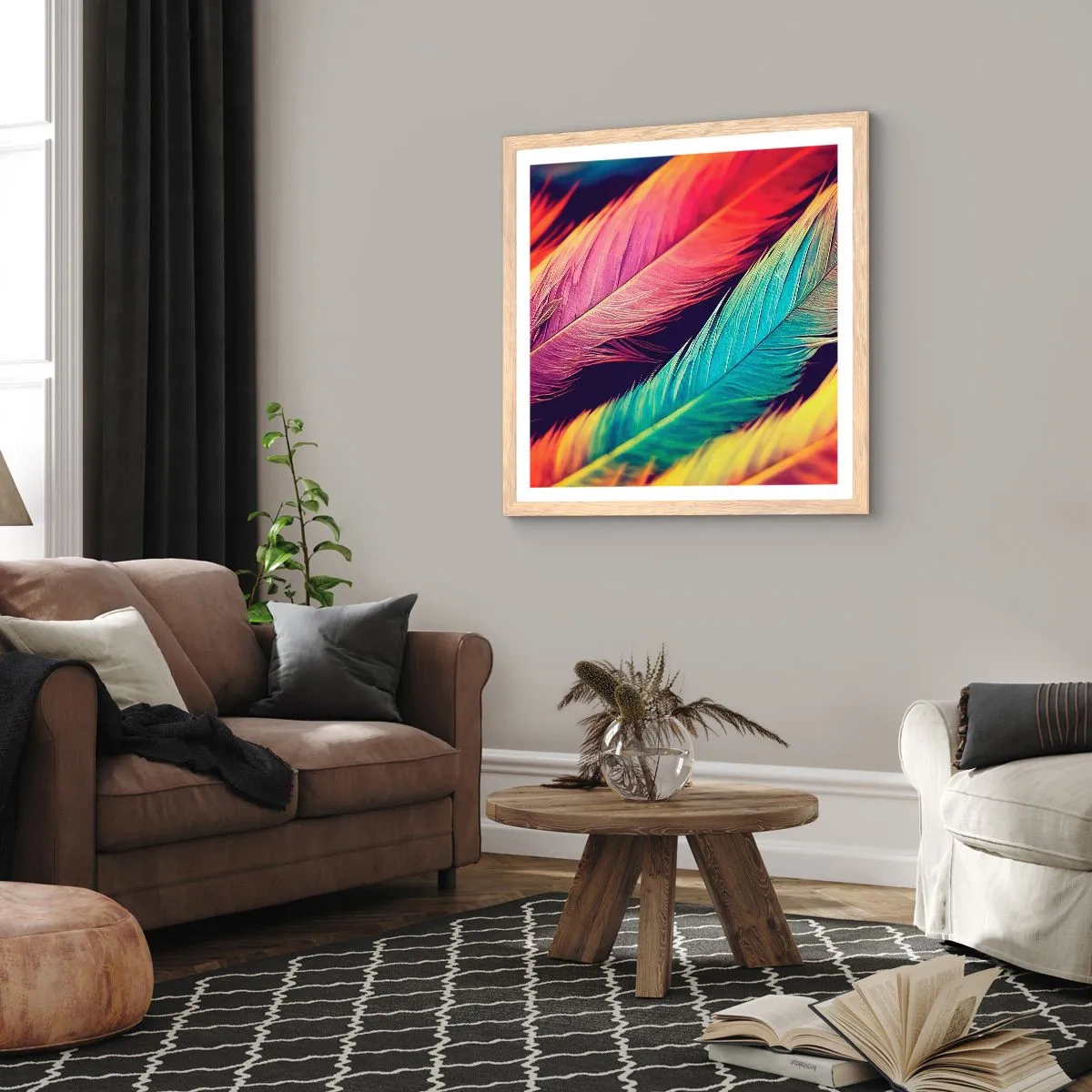 Poster in cornice rovere chiaro - Arcobaleno piumato - 50x50 cm