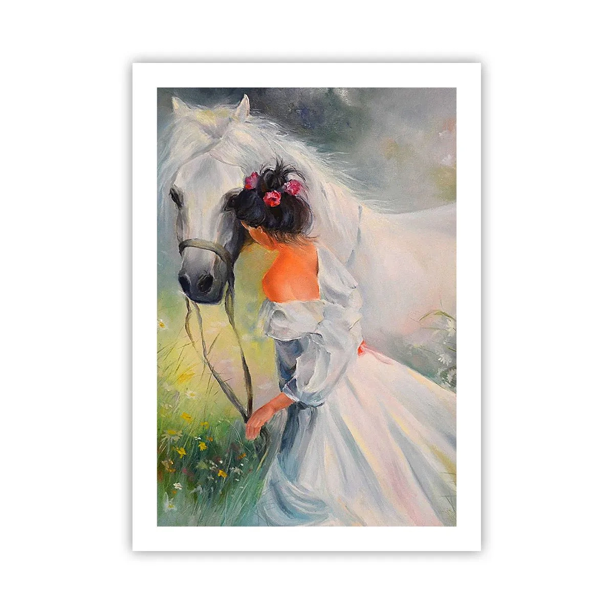 Poster - Una donna con un cavallo bianco in stile pittorico - 50x70cm - Come in un bel sogno - Decorazione murale moderna per soggiorno e camera da letto ARTTOR