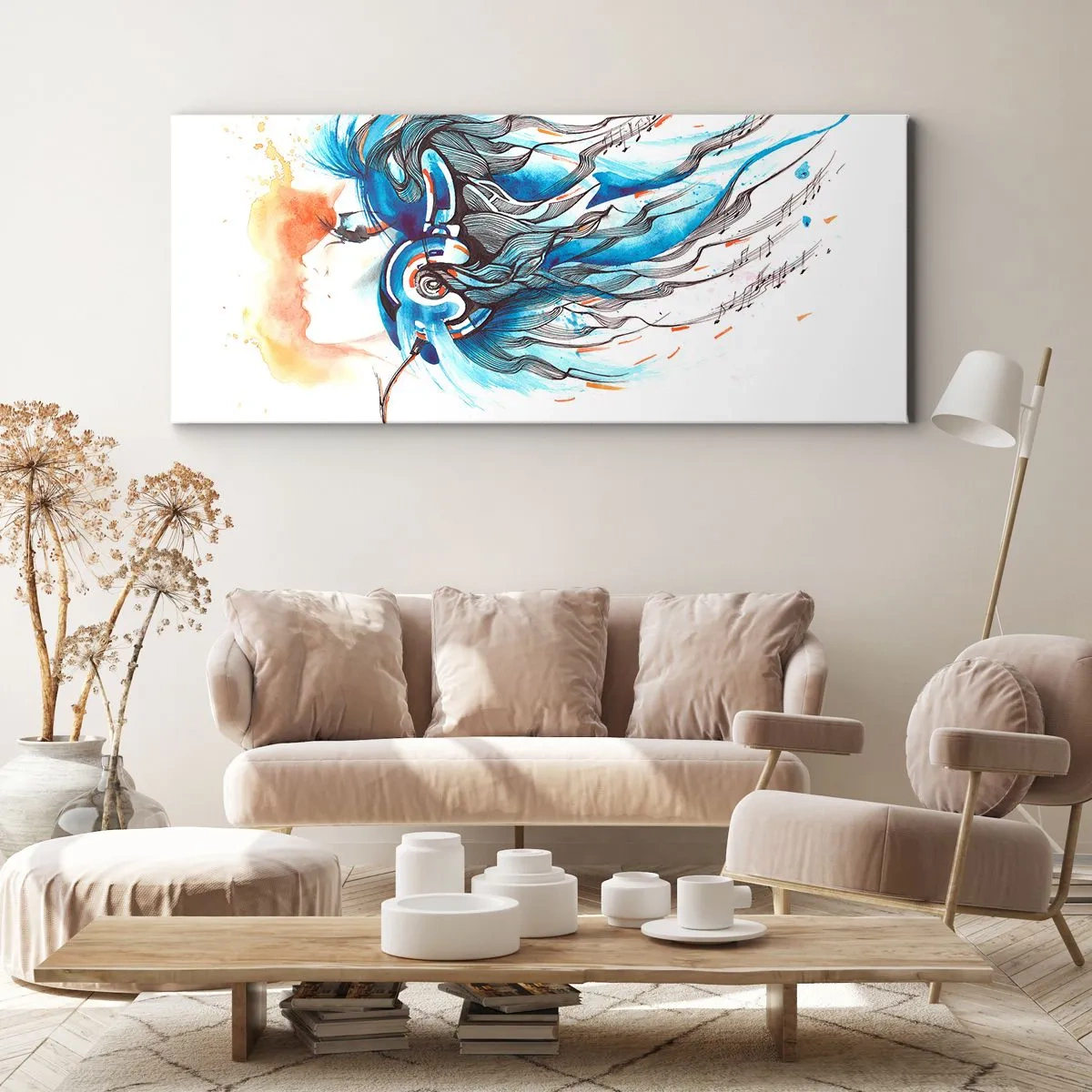 Quadro su tela - Stampe su Tela - Grafica artistica di una donna che indossa cuffie con accenti musicali - 160x50cm - Che suoni la musica - Decorazione murale moderna per soggiorno e camera da letto ARTTOR