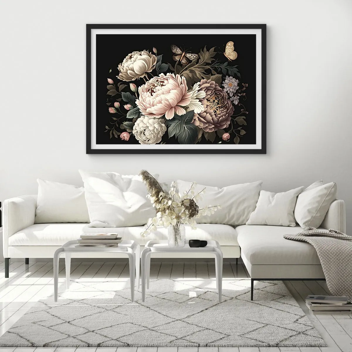 Poster in cornice nera - Un bouquet di fiori rosa e farfalle su uno sfondo nero - 70x50cm - In stile barocco - Decorazione murale moderna per soggiorno e camera da letto ARTTOR