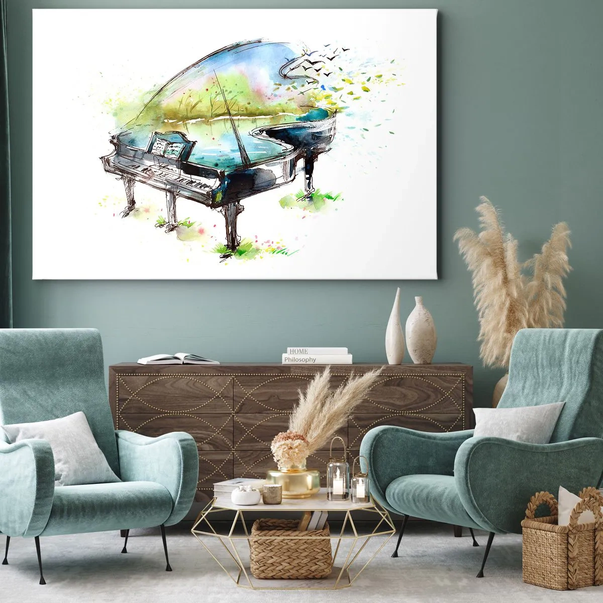 Quadro su tela - Stampe su Tela - Dipinto artistico ad acquerello di un pianoforte con la natura sullo sfondo - 100x70cm - Incantato nella musica - Decorazione murale moderna per soggiorno e camera da letto ARTTOR