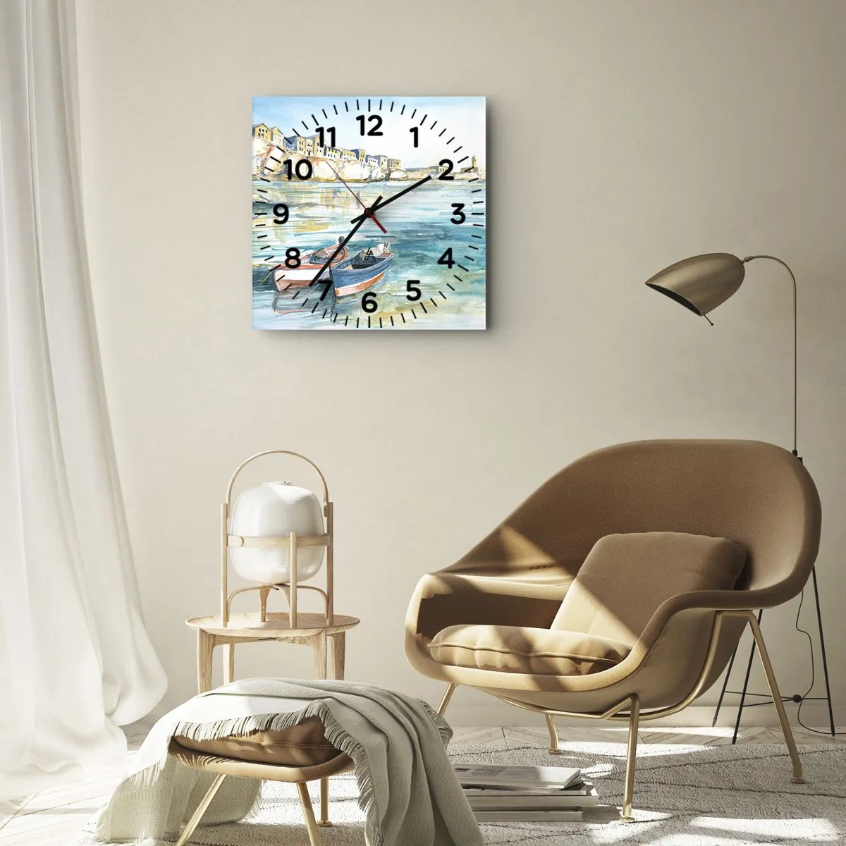 Orologio da parete - Orologio in Vetro - Un pittoresco paesaggio costiero con barche sull'acqua - 30x30cm - Paesaggio in azzurro - Decorazione murale moderna per soggiorno e camera da letto ARTTOR