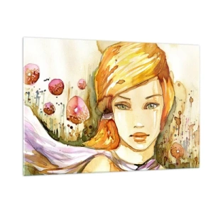 Quadro su vetro - Ritratto di una donna in stile acquerello con astrazione - 120x80cm - Sguardo di smeraldo, che calma l'ira - Decorazione murale moderna per soggiorno e camera da letto ARTTOR