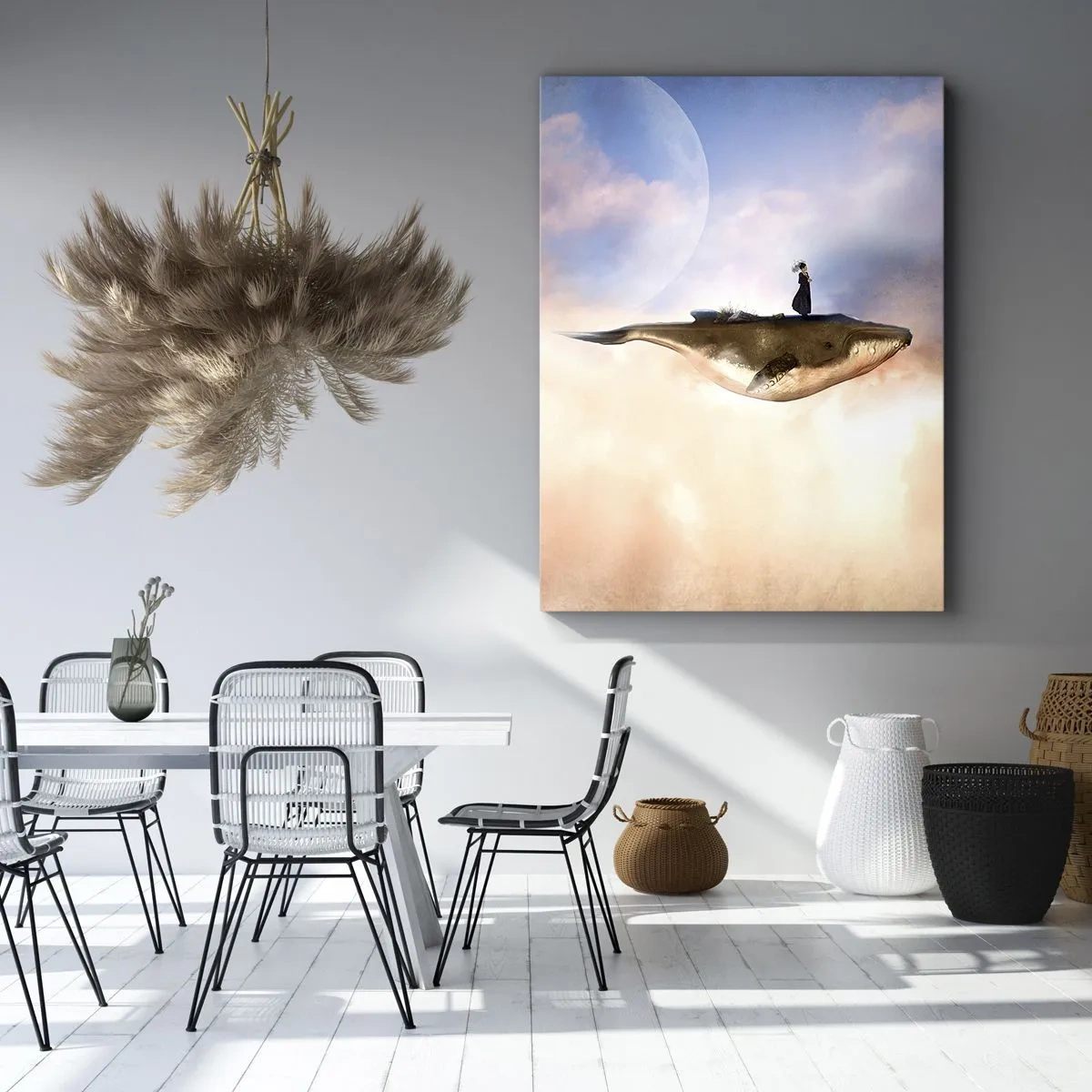 Quadro su tela - Stampe su Tela - Una scena fantastica di una donna su una balena tra le nuvole - 80x120cm - Viaggio surreale - Decorazione murale moderna per soggiorno e camera da letto ARTTOR