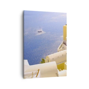 Quadro su tela - Stampe su Tela - Architettura greca con vista sul mare e una barca sullo sfondo - 50x70cm - Paesaggio greco in bianco e blu - Decorazione murale moderna per soggiorno e camera da letto ARTTOR