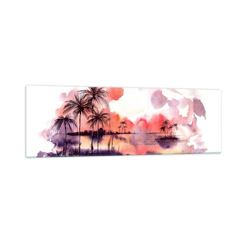 Quadro su vetro - Paesaggio tropicale con palme al tramonto in acquerello - 160x50cm - Pace dei tropici in rosso - Decorazione murale moderna per soggiorno e camera da letto ARTTOR