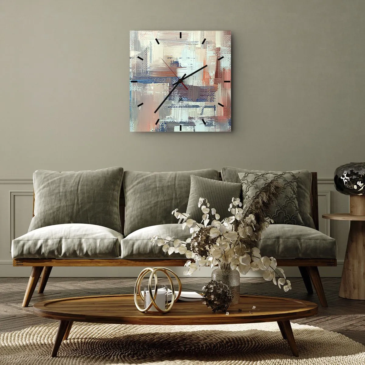 Orologio da parete - Orologio in Vetro - Composizione astratta nei toni del blu e del beige - 30x30cm - Arrivando alla luce - Decorazione murale moderna per soggiorno e camera da letto ARTTOR