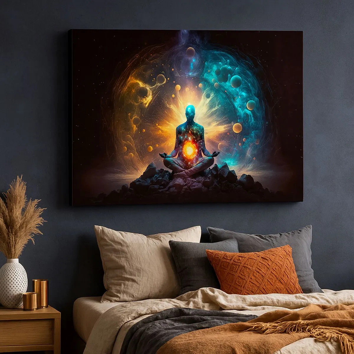 Quadro su tela - Stampe su Tela - Una figura in meditazione circondata da un'aura cosmica - 70x50cm - Pace cosmica - Decorazione murale moderna per soggiorno e camera da letto ARTTOR