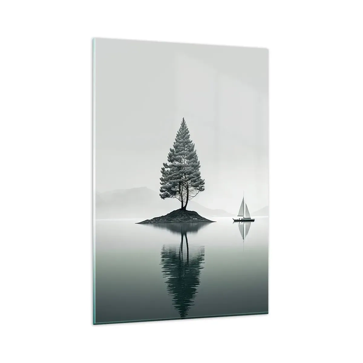 Quadro su vetro - Un paesaggio minimalista con un albero su un'isola e una barca a vela. - 80x120cm - Paesaggio onirico - Decorazione murale moderna per soggiorno e camera da letto ARTTOR
