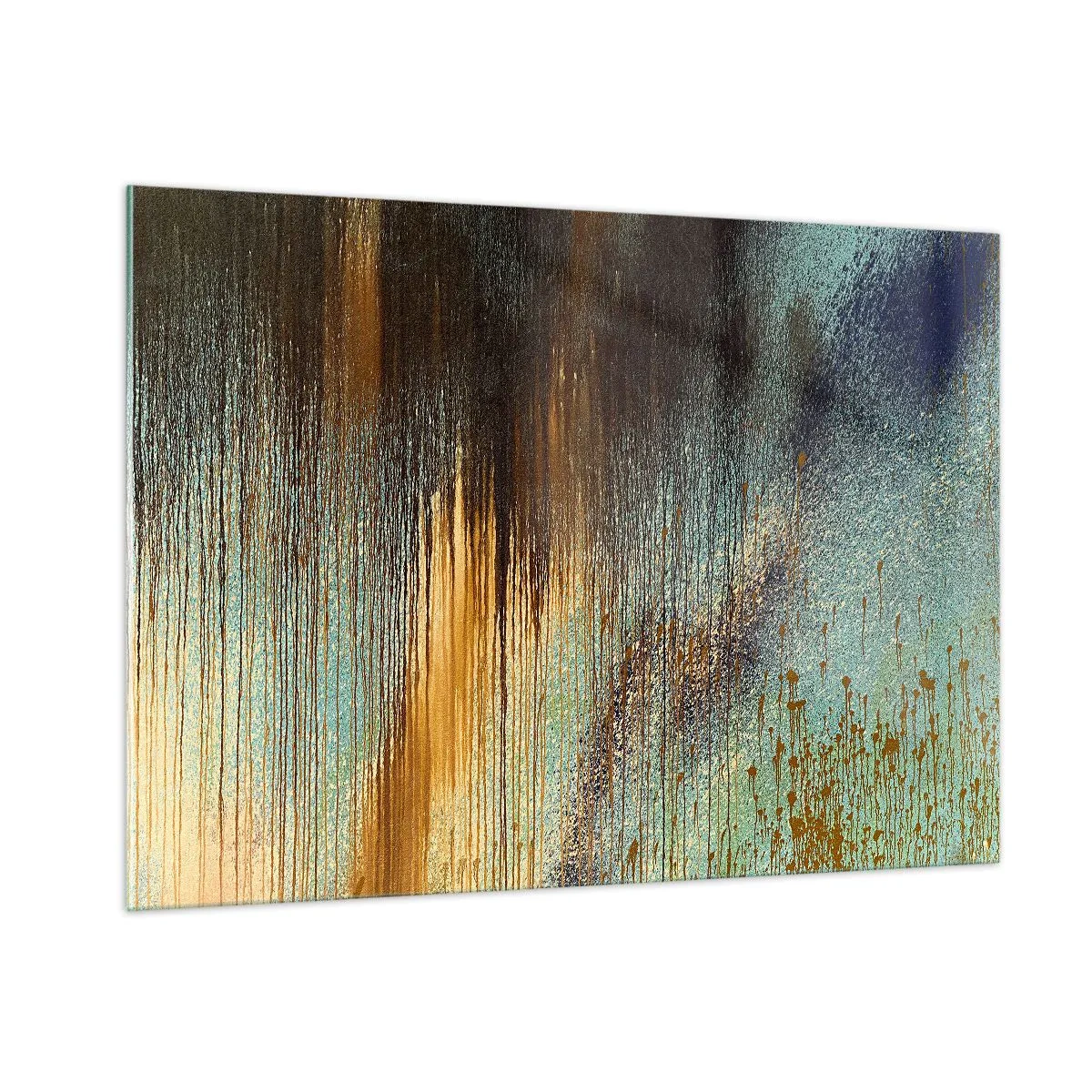 Quadro su vetro - Linee astratte e macchie in oro, blu e nero - 100x70cm - Composizione cromatica non casuale - Decorazione murale moderna per soggiorno e camera da letto ARTTOR