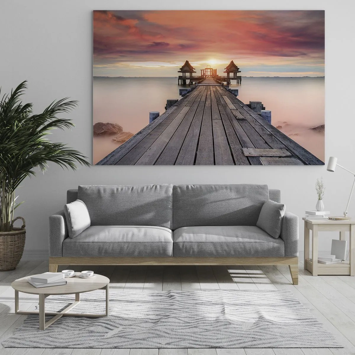 Quadro su vetro - Molo di legno che conduce ai gazebo in riva all'acqua al tramonto - 100x70cm - Tramonto d'oriente - Decorazione murale moderna per soggiorno e camera da letto ARTTOR