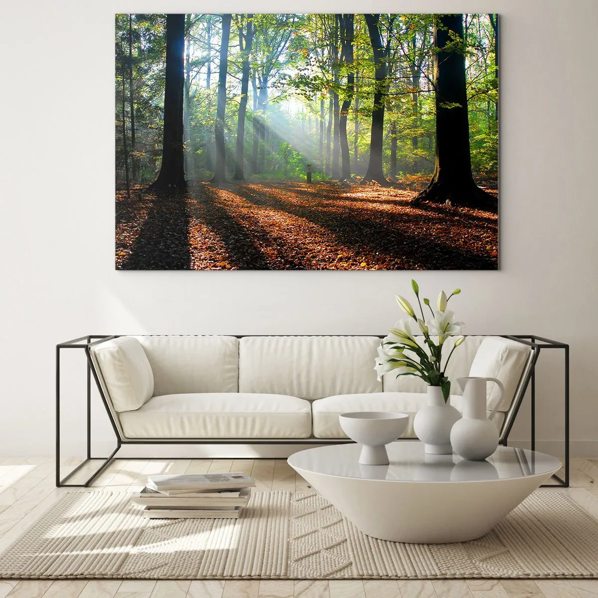 Quadro su vetro - Una foresta sotto i raggi del sole in uno scenario autunnale - 70x50cm - Luci e ombre - Decorazione murale moderna per soggiorno e camera da letto ARTTOR