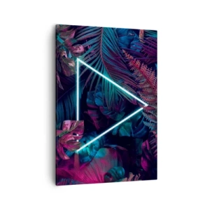 Quadro su tela - Stampe su Tela - Un triangolo al neon circondato da foglie tropicali dai colori scuri. - 50x70cm - Giardino in stile discoteca - Decorazione murale moderna per soggiorno e camera da letto ARTTOR