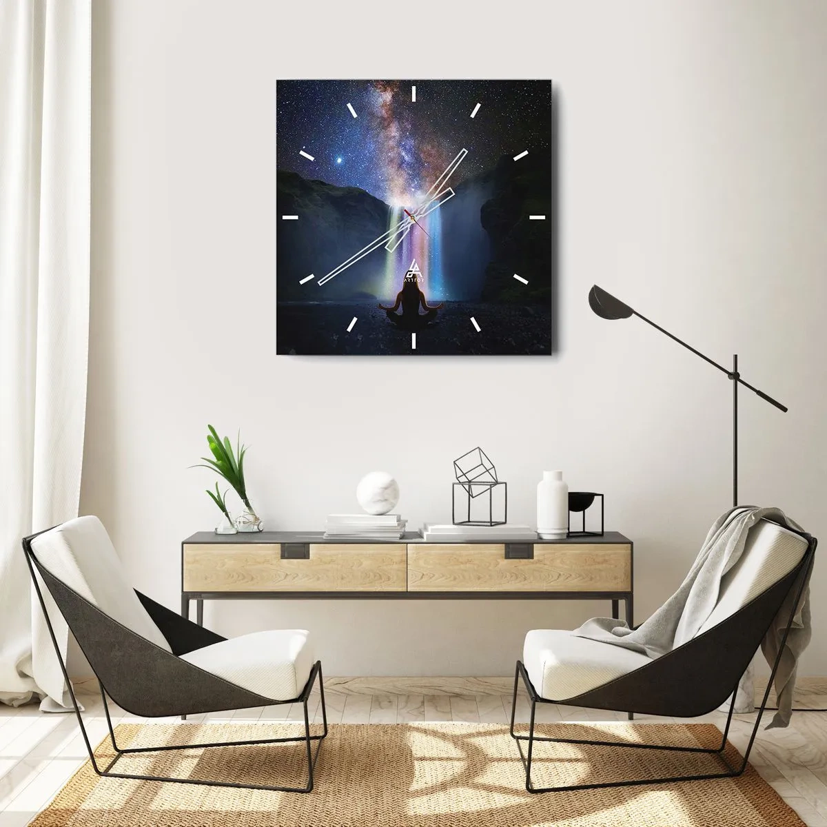 Orologio da parete - Orologio in Vetro - Meditazione davanti a una cascata tra le stelle - 30x30cm - Armonia assoluta - Decorazione murale moderna per soggiorno e camera da letto ARTTOR
