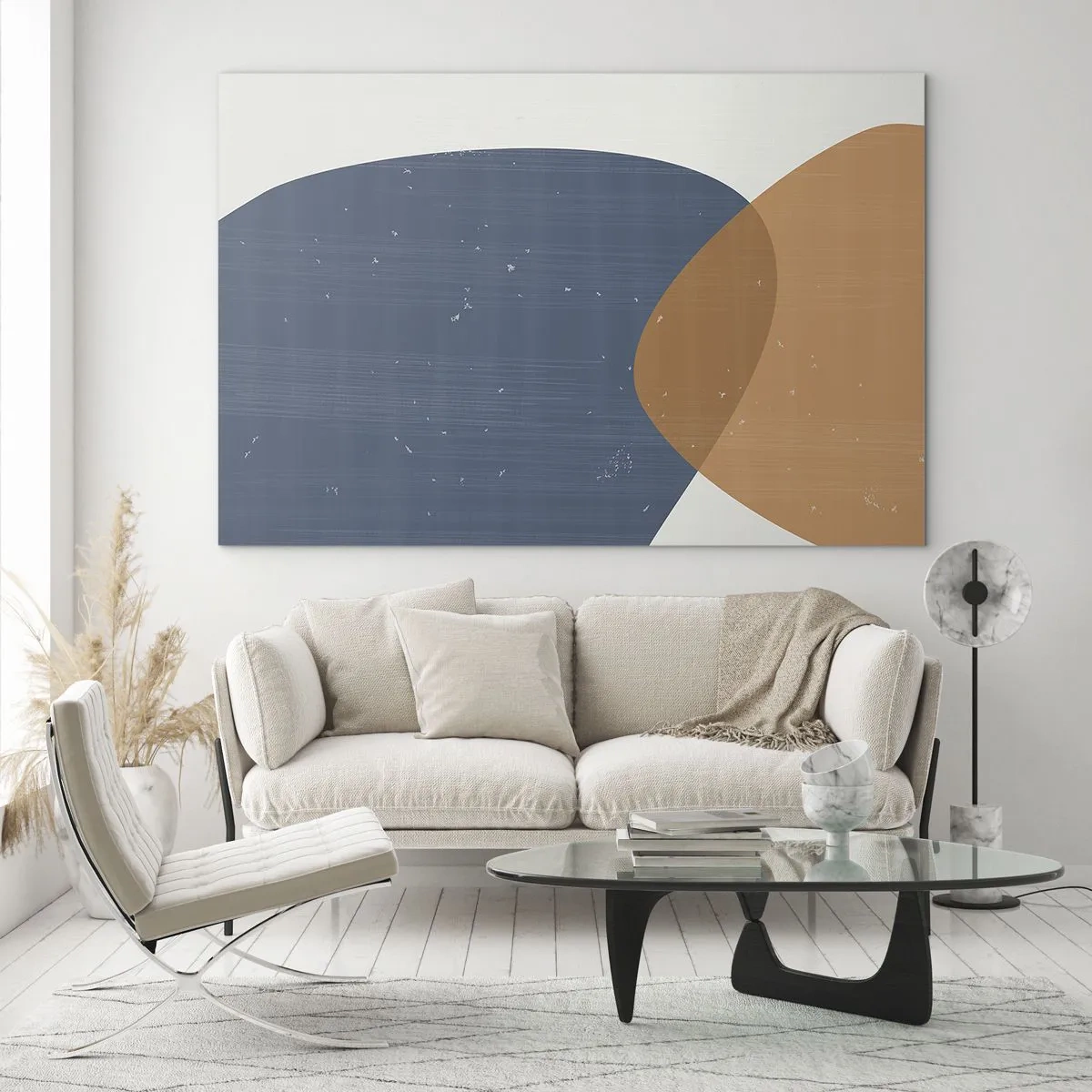 Quadro su vetro - Composizione geometrica con ovali blu navy e beige - 120x80cm - Ovali e influenze - Decorazione murale moderna per soggiorno e camera da letto ARTTOR