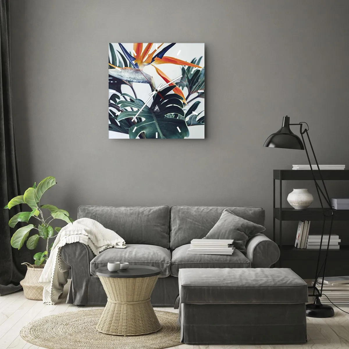 Orologio da parete - Orologio in Vetro - Fiore di Strelitzia circondato da foglie in piena luce - 30x30cm - Pianta uccello - Decorazione murale moderna per soggiorno e camera da letto ARTTOR