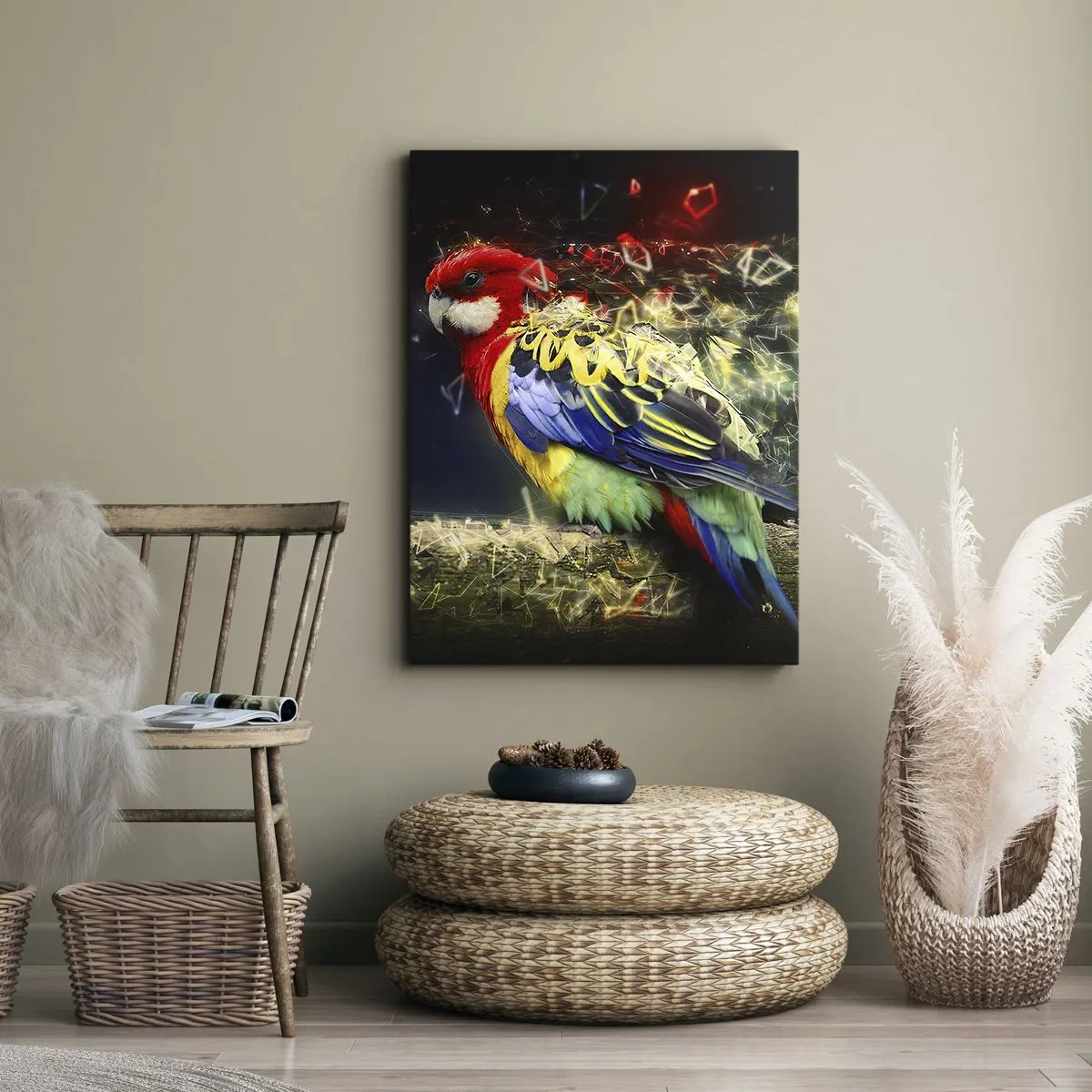 Quadro su tela - Stampe su Tela - Un pappagallo dai colori vivaci su uno sfondo di effetti di luce - 80x120cm - Messaggero di luce - Decorazione murale moderna per soggiorno e camera da letto ARTTOR
