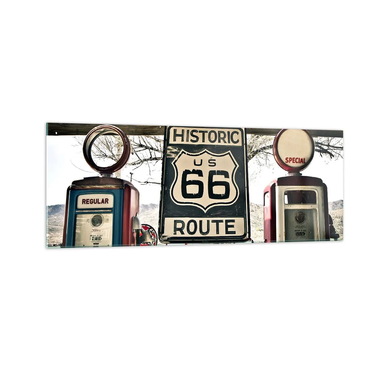 Quadro su vetro - Stazione di servizio storica della Route 66 - 140x50cm - Viaggio retro americano - Decorazione murale moderna per soggiorno e camera da letto ARTTOR