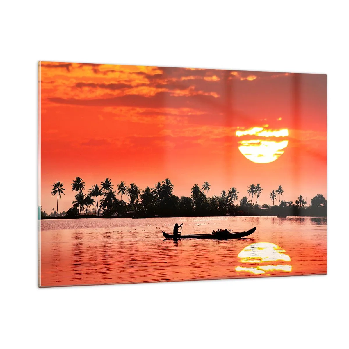 Quadro su vetro - Tramonto sul fiume con palme e una barca - 120x80cm - La calma dei tropici al tramonto - Decorazione murale moderna per soggiorno e camera da letto ARTTOR