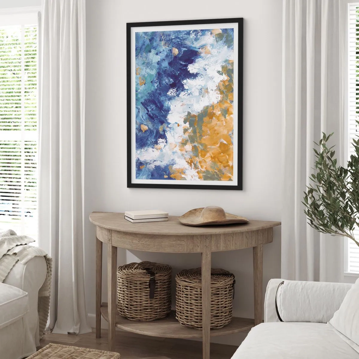 Poster in cornice nera - Una composizione astratta nei toni del blu, bianco e oro. - 50x70cm - La danza degli elementi - Decorazione murale moderna per soggiorno e camera da letto ARTTOR