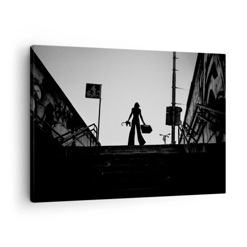 Quadro su tela - Stampe su Tela - Una figura femminile sulle scale in bianco e nero con un'atmosfera dinamica - 70x50cm - Gita cittadina - Decorazione murale moderna per soggiorno e camera da letto ARTTOR