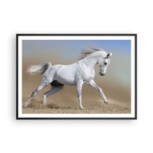 Poster in cornice nera - Un cavallo bianco che galoppa attraverso un paesaggio desertico - 100x70cm - La più bella favola araba - Decorazione murale moderna per soggiorno e camera da letto ARTTOR