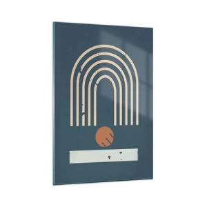 Quadro su vetro - Motivo geometrico nei toni del blu navy, beige e arancione su sfondo scuro - 80x120cm - Geometria in blu - Decorazione murale moderna per soggiorno e camera da letto ARTTOR