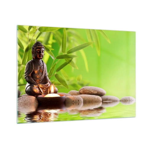 Quadro su vetro - Una figura di Buddha con una candela accesa in un ambiente verde - 100x70cm - La vita è bella - Decorazione murale moderna per soggiorno e camera da letto ARTTOR