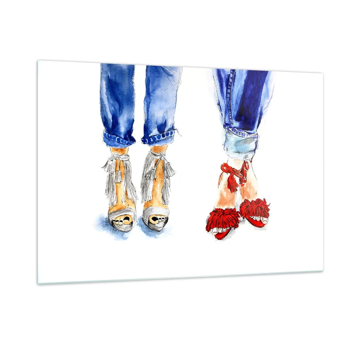 Quadro su vetro - Due scarpe eleganti sullo sfondo dei jeans - 120x80cm - Facciamo una passeggiata? - Decorazione murale moderna per soggiorno e camera da letto ARTTOR
