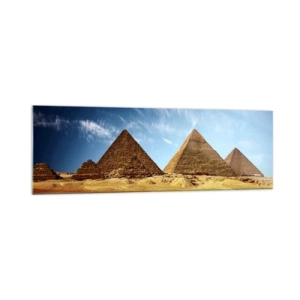 Quadro su vetro - Le piramidi di Giza contro un cielo azzurro e un paesaggio desertico - 160x50cm - 40 secoli ci guardano - Decorazione murale moderna per soggiorno e camera da letto ARTTOR