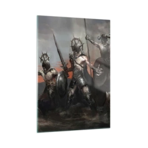 Quadro su vetro - Guerrieri con lance e scudi contro il cielo rosso - 50x70cm - Con lo scudo o sullo scudo - Decorazione murale moderna per soggiorno e camera da letto ARTTOR