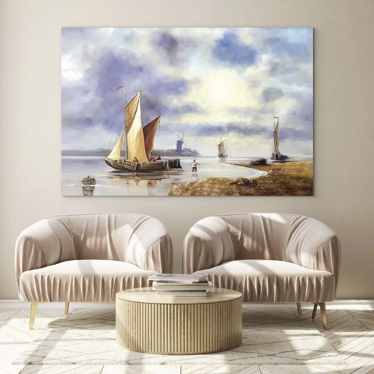 Quadro su vetro - Barche a vela su un lago calmo con mulini a vento sullo sfondo - 120x80cm - Il ritorno dei marinai - Decorazione murale moderna per soggiorno e camera da letto ARTTOR